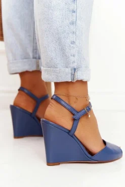 Laura Messi Sandały Na Koturnie*Skórzane Sandały Na Koturnie 2253 Granatowe