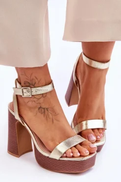 Damskie Boto Skórzane Sandały Na Masywnej Platformie Złote Marina