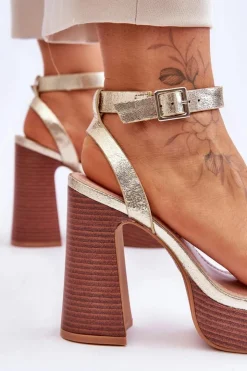 Damskie Boto Skórzane Sandały Na Masywnej Platformie Złote Marina