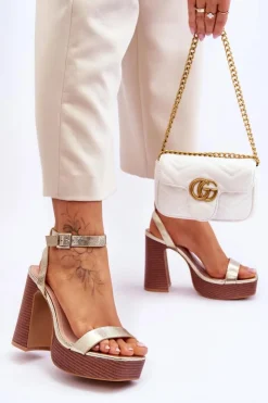 Damskie Boto Skórzane Sandały Na Masywnej Platformie Złote Marina