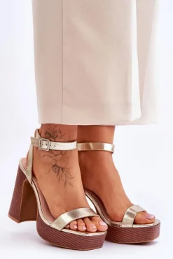 Damskie Boto Skórzane Sandały Na Masywnej Platformie Złote Marina