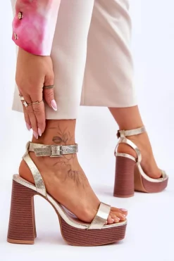 Damskie Boto Skórzane Sandały Na Masywnej Platformie Złote Marina