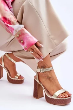 Damskie Boto Skórzane Sandały Na Masywnej Platformie Złote Marina