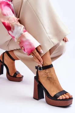 Damskie Boto Skórzane Sandały Na Masywnej Platformie Czarne Marina