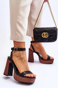 Damskie Boto Skórzane Sandały Na Masywnej Platformie Czarne Marina