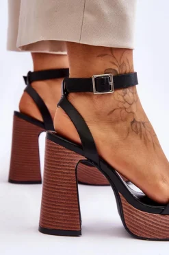 Damskie Boto Skórzane Sandały Na Masywnej Platformie Czarne Marina