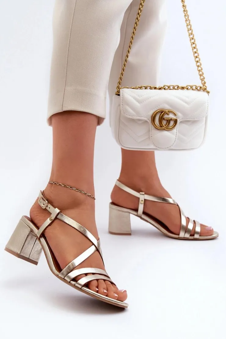 New Maciejka Skórzane Sandały Na Niskim Słupku 06653-25 Złote Złoty