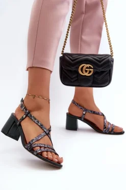 Maciejka Sandały Na Słupku|Sandały Na Obcasie*Skórzane Sandały Na Niskim Słupku 06653-09 Ciemnozielone Zielony