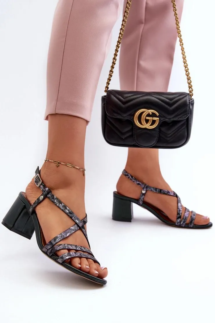 Maciejka Sandały Na Słupku|Sandały Na Obcasie*Skórzane Sandały Na Niskim Słupku 06653-09 Ciemnozielone Zielony