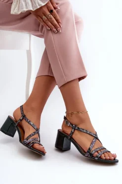 Maciejka Sandały Na Słupku|Sandały Na Obcasie*Skórzane Sandały Na Niskim Słupku 06653-09 Ciemnozielone Zielony