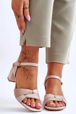 Buty Sergio Leone Sandały Na Obcasie*Skórzane Sandały Na Niskim Obcasie Sergio Leone SK898 Beżowe