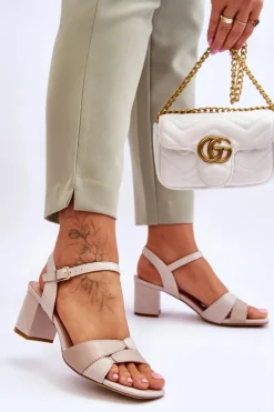 Buty Sergio Leone Sandały Na Obcasie*Skórzane Sandały Na Niskim Obcasie Sergio Leone SK898 Beżowe