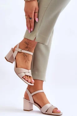 Buty Sergio Leone Sandały Na Obcasie*Skórzane Sandały Na Niskim Obcasie Sergio Leone SK898 Beżowe