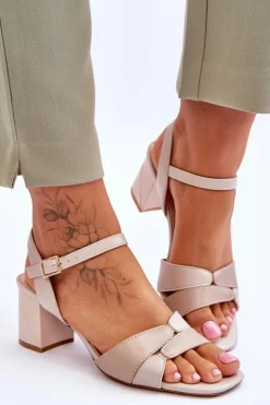 Buty Sergio Leone Sandały Na Obcasie*Skórzane Sandały Na Niskim Obcasie Sergio Leone SK898 Beżowe