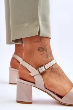 Buty Sergio Leone Sandały Na Obcasie*Skórzane Sandały Na Niskim Obcasie Sergio Leone SK898 Beżowe