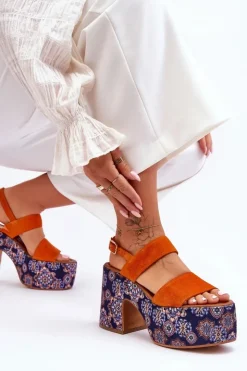 Best Maciejka Skórzane Sandały Na Obcasie 06089-18 Pomarańczowe
