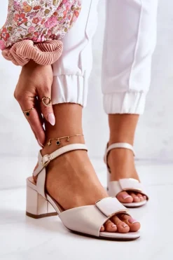 Buty Sergio Leone Sandały Na Obcasie*Skórzane Sandały Na Obcasie Beżowe Lorisa Beżowy