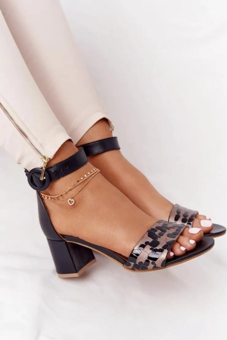 Maciejka Sandały Na Obcasie*Skórzane Sandały Na Obcasie 04141-46 Czarno-Złote