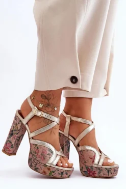 Damskie Maciejka Skórzane Sandały Na Obcasie 06084-25 Złote