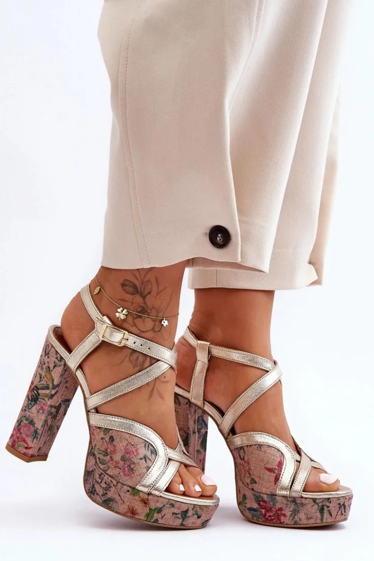 Damskie Maciejka Skórzane Sandały Na Obcasie 06084-25 Złote