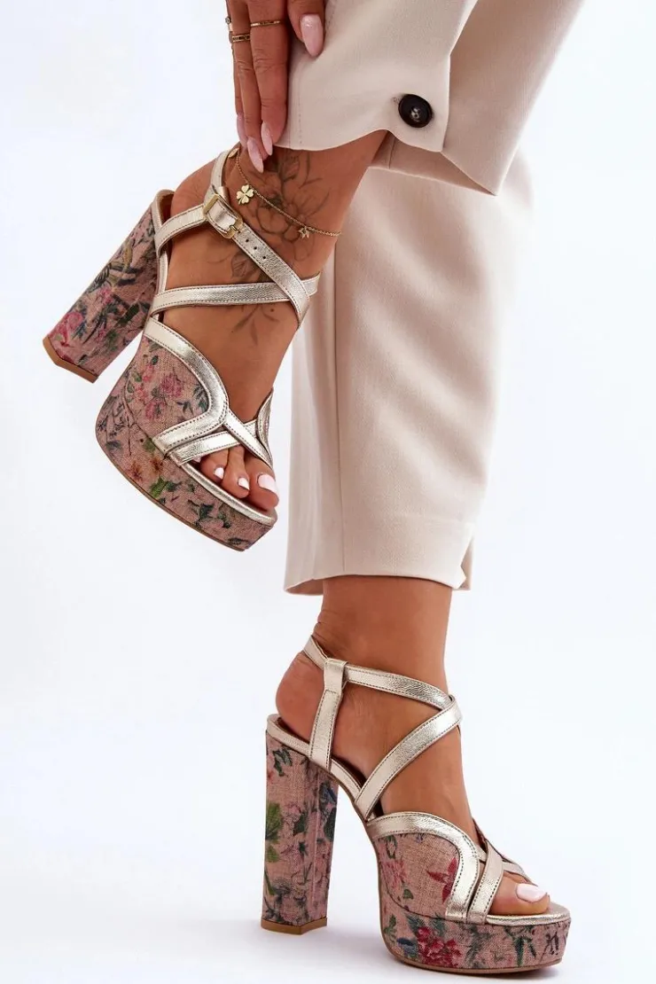 Damskie Maciejka Skórzane Sandały Na Obcasie 06084-25 Złote