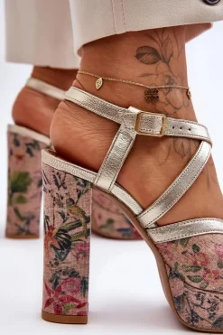 Damskie Maciejka Skórzane Sandały Na Obcasie 06084-25 Złote