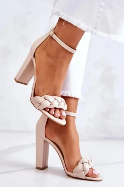 Boto Skórzane Sandały Na Obcasie Beżowe Henriett