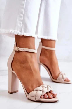 Boto Skórzane Sandały Na Obcasie Beżowe Henriett