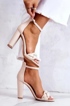 Boto Skórzane Sandały Na Obcasie Beżowe Henriett