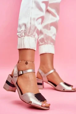 Damskie Maciejka Skórzane Sandały Na Obcasie 04120-25 Złote