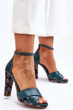 Discount Maciejka Skórzane Sandały Na Obcasie 06081-09 Ciemnozielone