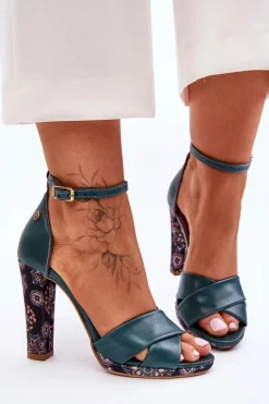 Discount Maciejka Skórzane Sandały Na Obcasie 06081-09 Ciemnozielone