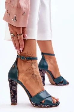 Discount Maciejka Skórzane Sandały Na Obcasie 06081-09 Ciemnozielone
