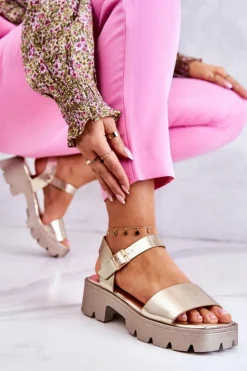 Boto Sandały Na Obcasie*Skórzane Sandały Na Obcasie Złote Sovie