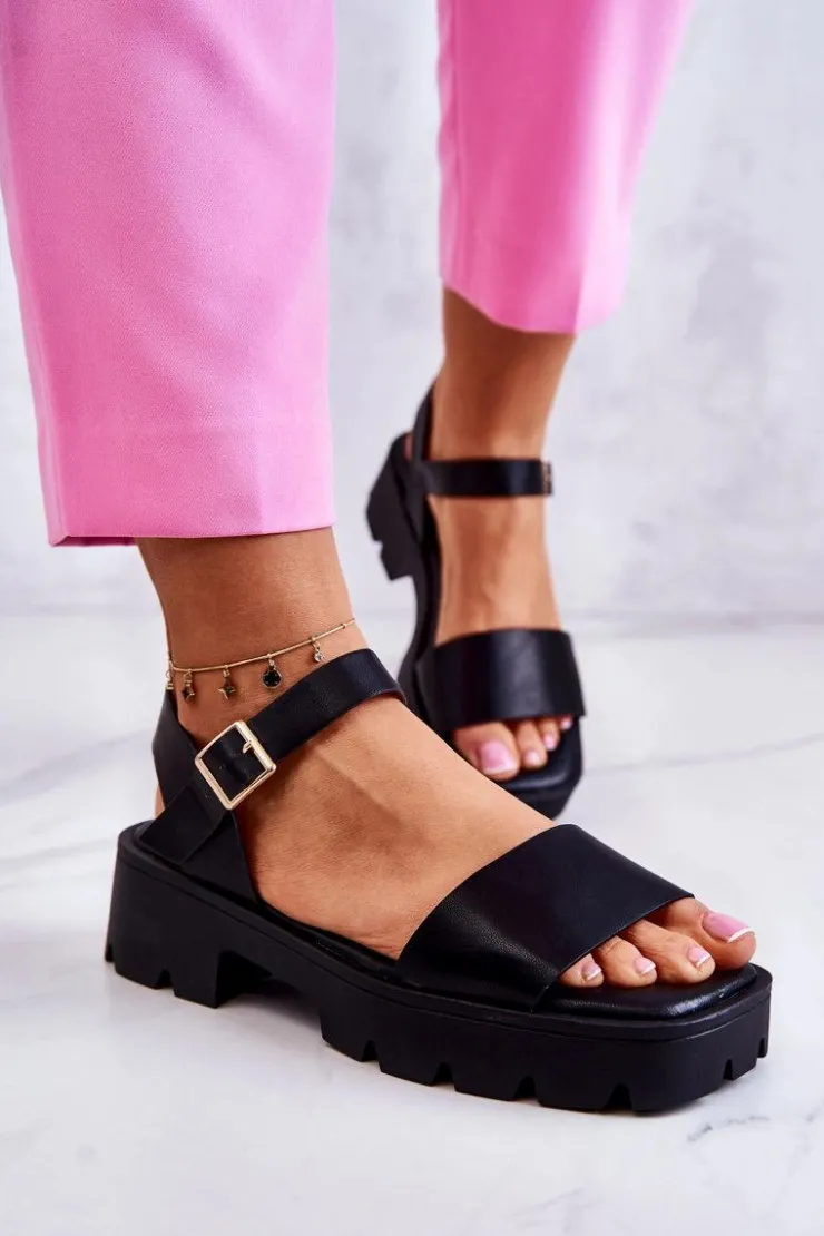 Sale Boto Skórzane Sandały Na Obcasie Czarne Sovie