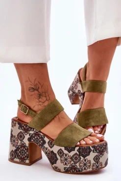 Discount Maciejka Skórzane Sandały Na Obcasie 06089-24 Zielone