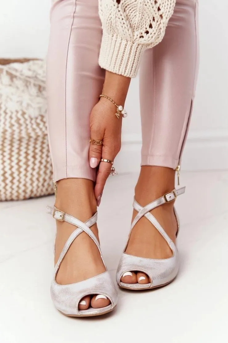 Damskie Maciejka Skórzane Sandały Na Obcasie 04509-45 Beżowo-Złote