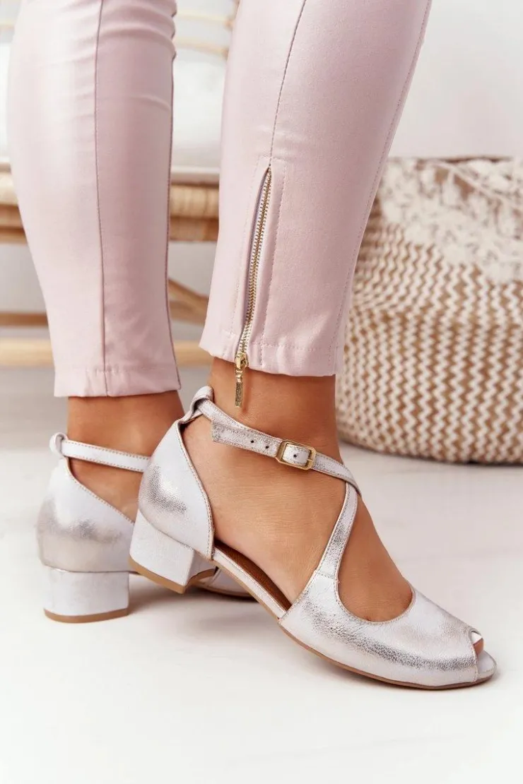 Damskie Maciejka Skórzane Sandały Na Obcasie 04509-45 Beżowo-Złote