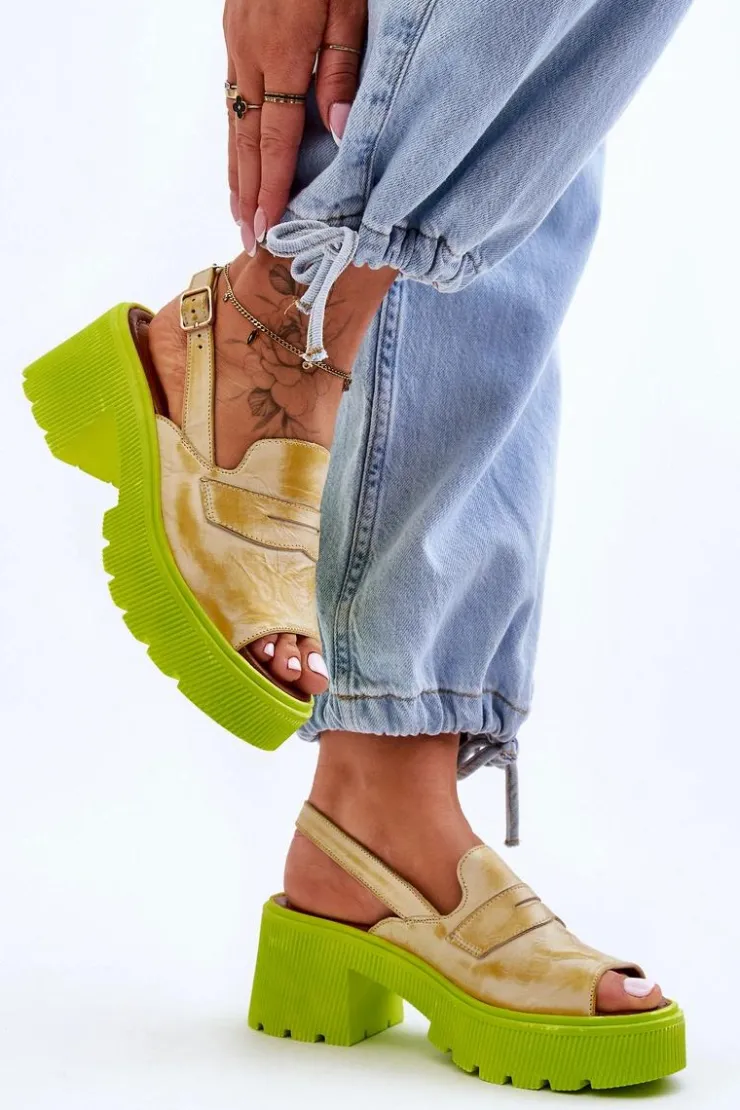 Discount Maciejka Skórzane Sandały Na Obcasie I Platformie 06039-07 Żółte