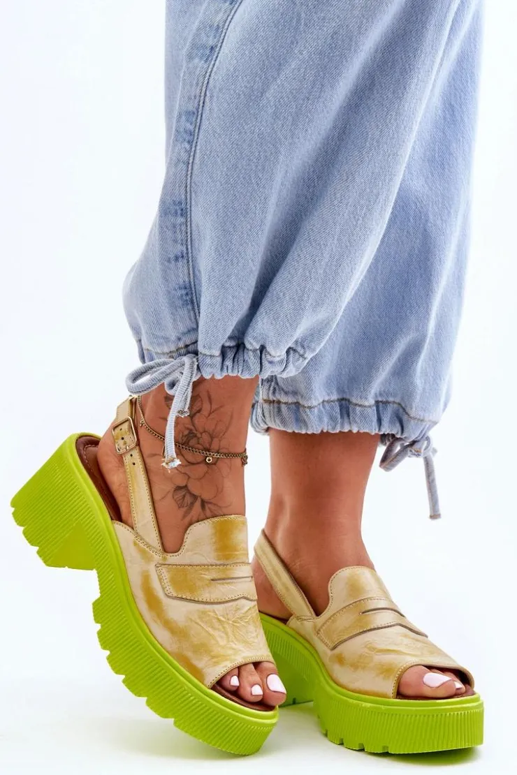 Discount Maciejka Skórzane Sandały Na Obcasie I Platformie 06039-07 Żółte