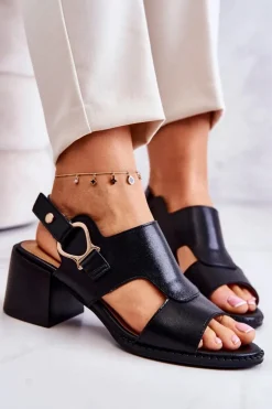 Damskie Boto Skórzane Sandały Na Obcasie La.Fi Czarne Leratto