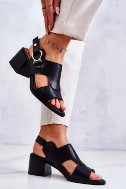 Damskie Boto Skórzane Sandały Na Obcasie La.Fi Czarne Leratto