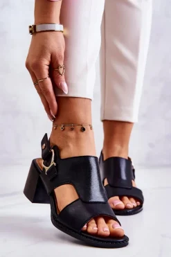 Damskie Boto Skórzane Sandały Na Obcasie La.Fi Czarne Leratto