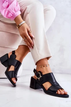 Damskie Boto Skórzane Sandały Na Obcasie La.Fi Czarne Leratto