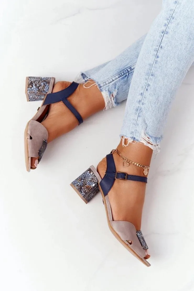 Damskie Maciejka Skórzane Sandały Na Obcasie 04120-43 Beżowo-Granatowe