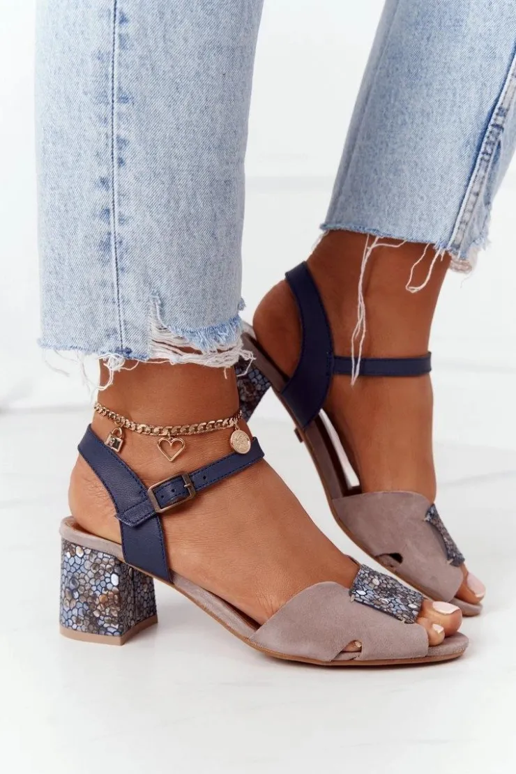Damskie Maciejka Skórzane Sandały Na Obcasie 04120-43 Beżowo-Granatowe
