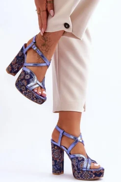 Damskie Maciejka Skórzane Sandały Na Obcasie 06084-17 Granatowe