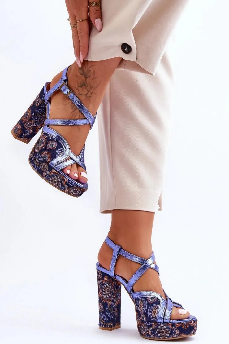 Damskie Maciejka Skórzane Sandały Na Obcasie 06084-17 Granatowe