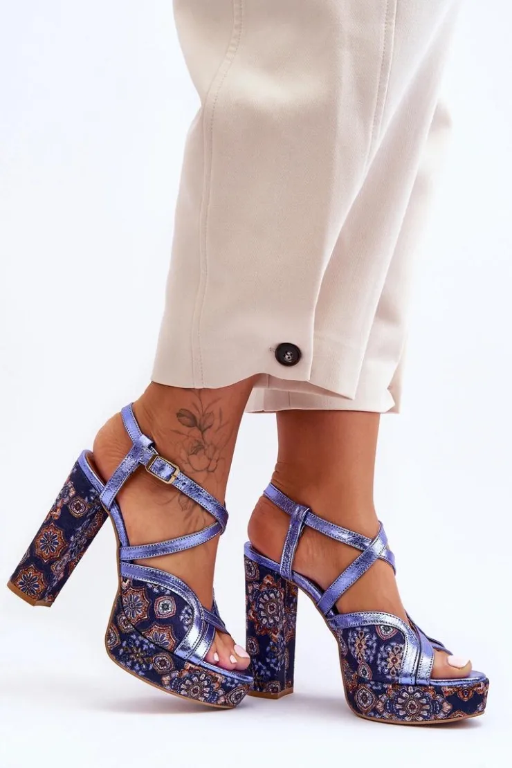 Damskie Maciejka Skórzane Sandały Na Obcasie 06084-17 Granatowe