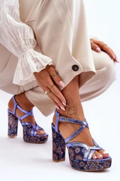 Damskie Maciejka Skórzane Sandały Na Obcasie 06084-17 Granatowe